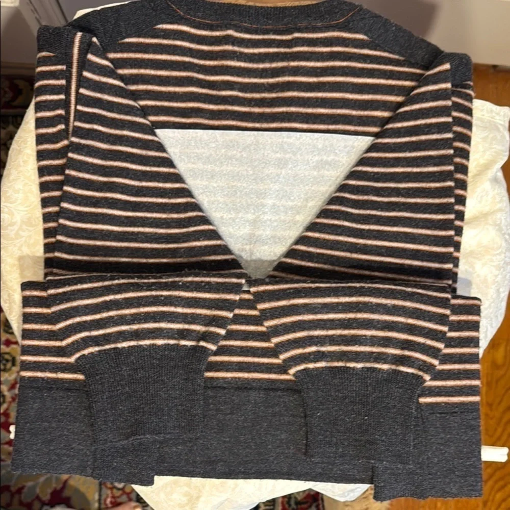 Garret Scott Men's Striped Heather Gray, Tan and Red Striped Merino Wool Sweater